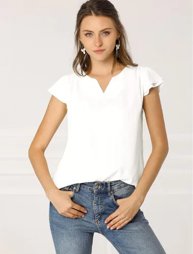 Vista 3 de Allegra K Blusa de manga casquillo corta, lisa, multiusos, para mujer