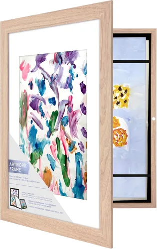 Vista 17 de MCS Marco de Arte para Niños 11x14 con Paspartú con Apertura de 8.5x11, Marco de Fotos Magnético Intercambiable de Veta de Madera Natural