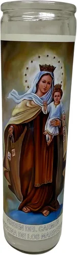 Vista 7 de Virgen del Carmen veladora de rezo sin fragancia 14 oz Vaso Grande UNA pieza Vela de oración de una pieza 14 oz de vidrio alto oración al reverso