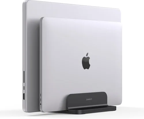 Vista 6 de Organizador vertical de aluminio doble para laptop, soporte resistente para computadora portátil compatible con Liquid Retina XDR Apple MacBook Negro
