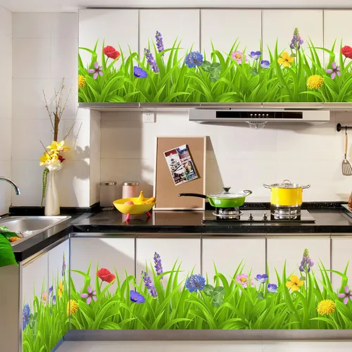 Vista 3 de Pegatinas de pared de plantas verdes frescas, calcomanías de zócalo, hojas verdes, flores coloridas, calcomanías de pared DIY Murales extraíbles