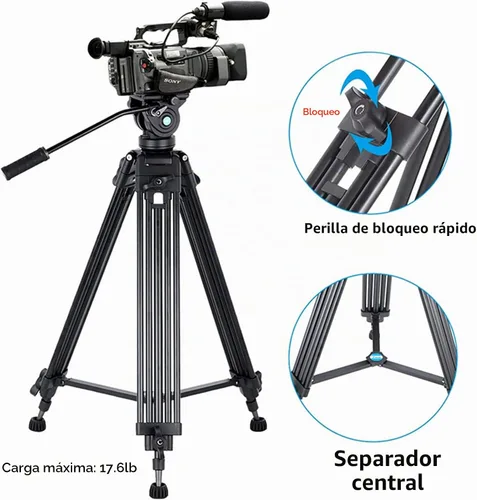 Vista 5 de Trípode de video profesional de aluminio resistente de 62"/158CM