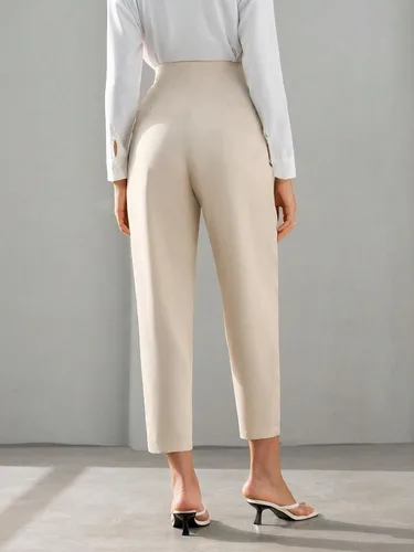 Vista 2 de SweatyRocks Pantalones recortados plisados de cintura alta con cremallera para mujer, elegantes bolsillos sólidos, pantalones de oficina