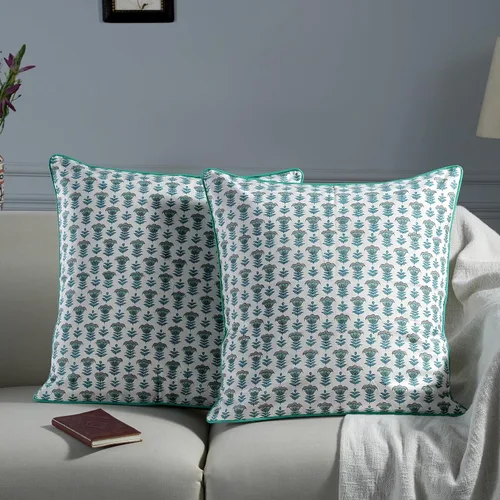 Vista 2 de Ridhi Juego de 2 fundas de almohada decorativas de 16 x 16 pulgadas con estampado de bloques de color azul aguamarina para sala de estar
