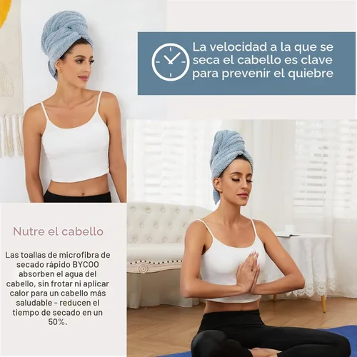 Vista 2 de Toalla Grande de Microfibra para Envolver el Cabello para Mujeres, Toalla de Secado de Cabello Anti-Encrespamiento con Correa Elástica, Secado Azul