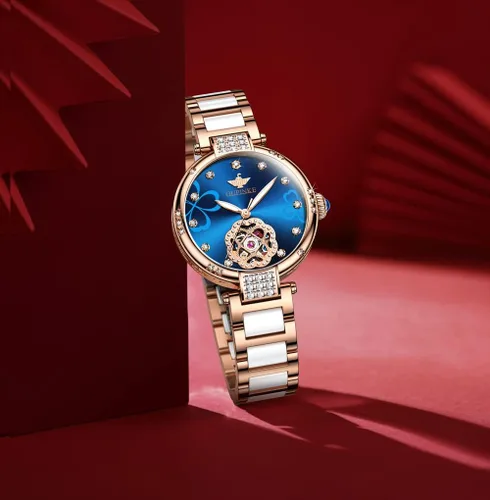 Vista 6 de OUPINKE Relojes automáticos para mujer, con diamantes elegantes, de vestir, de esqueleto, mecánico, cuerda automática, impermeable, luminoso