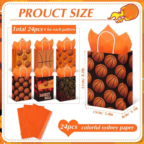 Vista 2 de Aoriher 24 bolsas de regalos de fiesta de baloncesto con papel de seda, bolsas de dulces de baloncesto, bolsas de regalo de pelota deportiva
