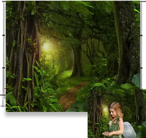 Vista 5 de Telón de fondo de fotos de cuento de hadas de 5 x 3 pies para niños, fiesta de cumpleaños, eventos, decoración de bosque perenne, selva, paisaje