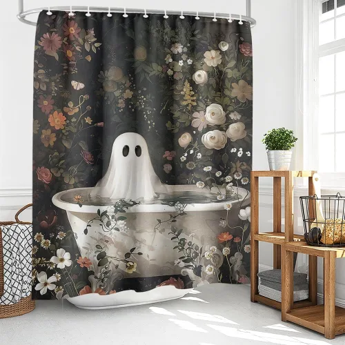 Vista 3 de Cortina de ducha de Halloween con diseño de fantasma, para bañera, bosque de flores, cortina de ducha para baño, academia oscura, tina fantasma