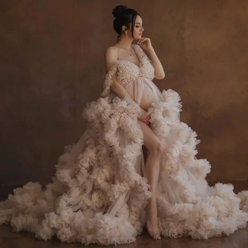 Vista 8 de Vestidos de maternidad de tul para sesión de fotos con volantes hinchados, vestidos de embarazo, vestidos de maternidad transparentes para baby
