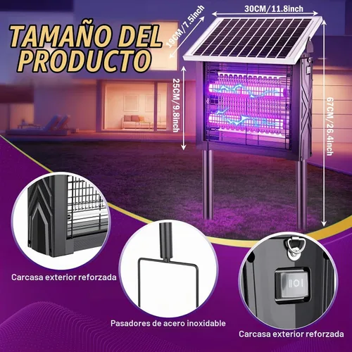 Vista 2 de 2 piezas de exterminador solar de insectos para exteriores con panel giratorio, 3000 V eléctrico matamoscas impermeable, 200 W de doble tubo