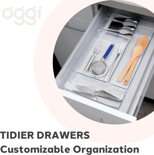 Vista 6 de Oggi Organizador de cajones transparente, 3 x 9.5 pulgadas (juego de 6), ideal para organizar cajones de cocina, oficina, escritorio, cubiertos