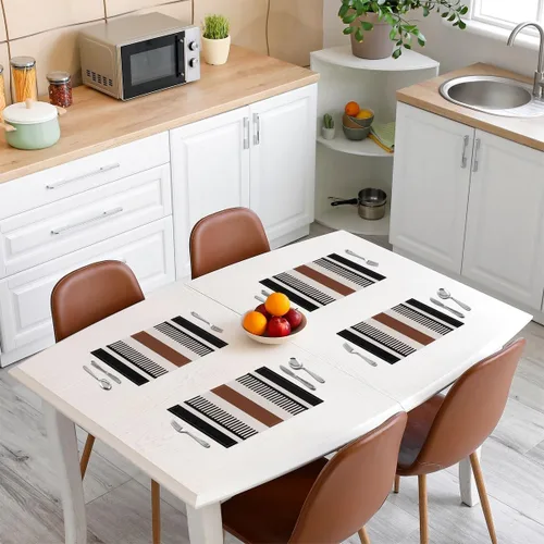 Vista 3 de Juego de 4 manteles individuales color negro, beige y marrón, con rayas geométricas, estilo bohemio para hombres, mujeres y adultos, estilo simple