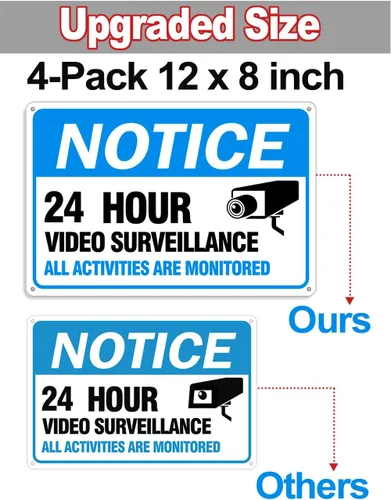 Vista 2 de Señal de videovigilancia, paquete de 4 letreros de cámara de seguridad de 12 x 8 pulgadas, material reflectante e impermeable, letreros