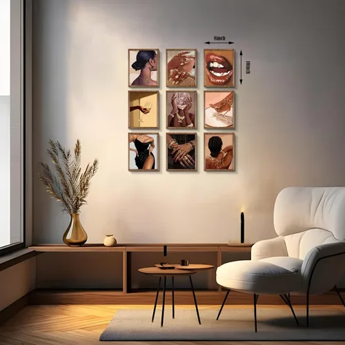 Vista 3 de WIARTSH Black Girl - Juego de 9 lienzos abstractos de mujer afroamericana, arte moderno de melanina de moda para sala de estar, dormitorio