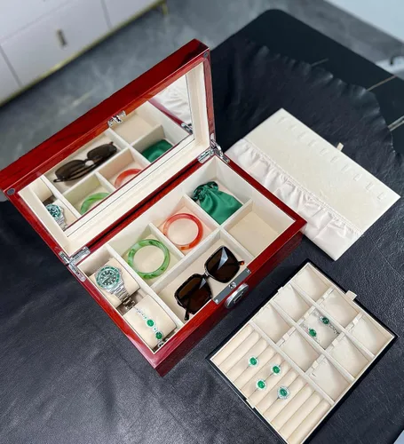 Vista 7 de Joyero de madera con cerradura de huellas dactilares, caja de almacenamiento y organizador para mujeres, con colgador de collar y espejo