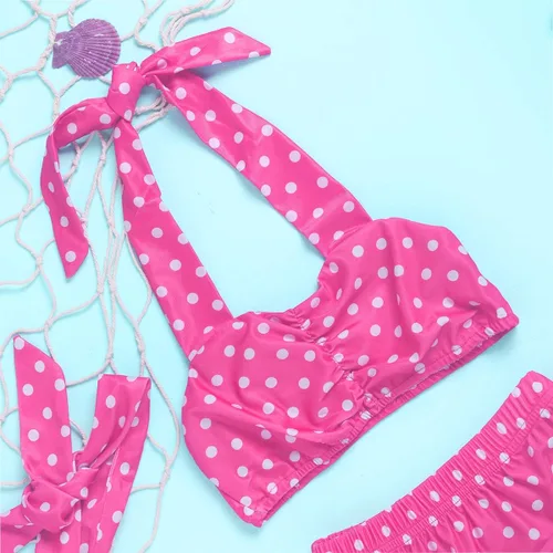 Vista 7 de Bikini para bebé niña, traje de baño de lunares para niños pequeños, conjunto de bikinis con diadema