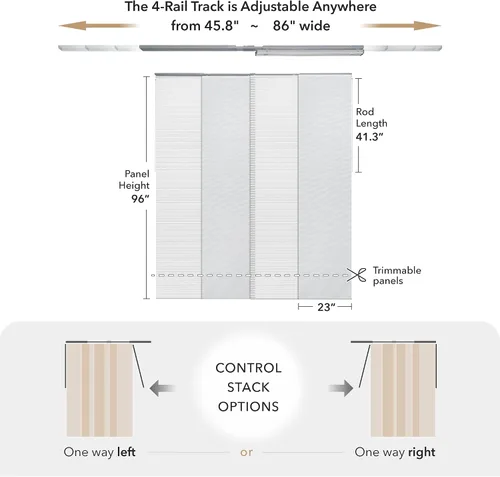 Vista 4 de paneles ajustables de cortina deslizante para divisores de habitación colgantes, cortina vertical para ventanas y puertas, riel extensible de 45.8 a
