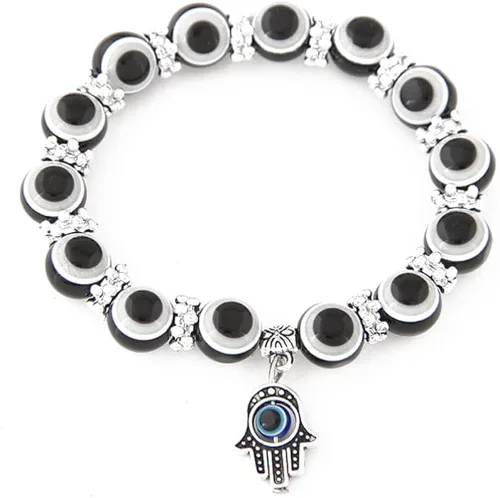 Vista 6 de Caiyao Juego de pulseras multicolor con cuentas de ojo malvado de la suerte amuleto turco Hamsa mal de ojo pulsera elástica elástica para mujeres