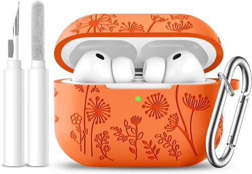 Vista 15 de Lerobo Funda para AirPods 5/4, funda de silicona suave grabada con flores A-Negro
