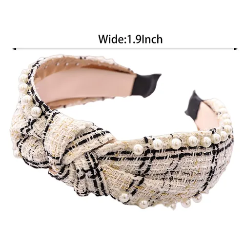 Vista 4 de 2 diademas elegantes con cuentas para mujer, diadema de perlas anudadas en blanco y negro para niñas
