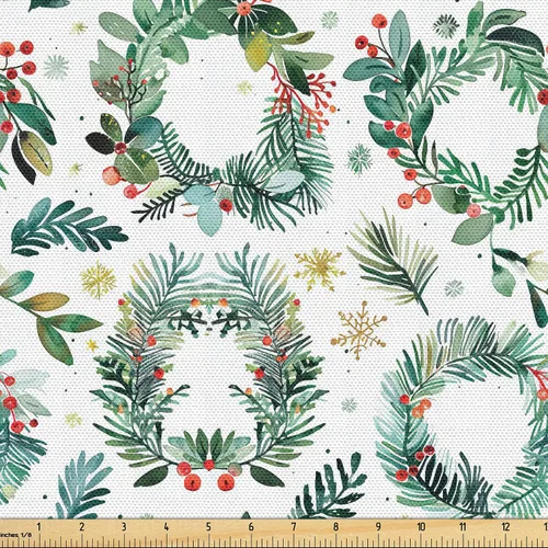 Vista 33 de Ambesonne Tela Navideña por Yarda, Tema Navideño Colorido Vivo Piñas de Pino Ramas Hombre de Jengibre Imagen de Bayas Estampada, Tela de Punto