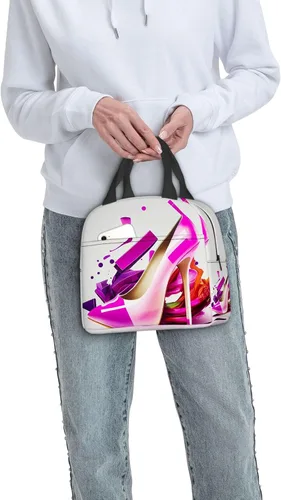 Vista 8 de OOZ Lonchera aislada para mujeres y hombres, estampado de zapatos de tacón alto rosa, reutilizable, a prueba de fugas, para adultos, oficina