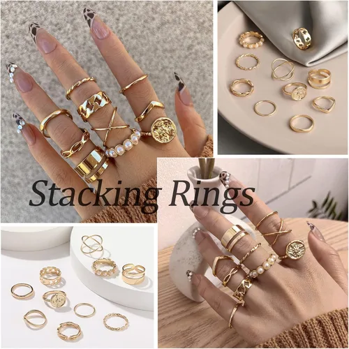 Vista 5 de Juego de 68 anillos para nudillos dorados para mujeres y niñas apilables bohemios para articulación media de cristal tallado plateados con orificios