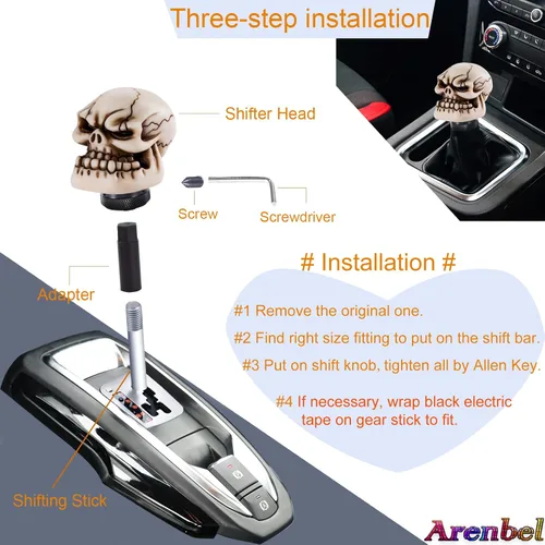 Vista 3 de Pomo de cambios con forma de calavera para palanca de cambios de coche, color beige, ajuste universal para la mayoría de las transmisiones manuales