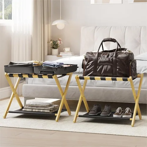 Vista 7 de Smart FENDEE Portaequipajes, portaequipajes plegable para habitación de invitados, soporte de maleta de bambú marrón con capacidad para hasta 131