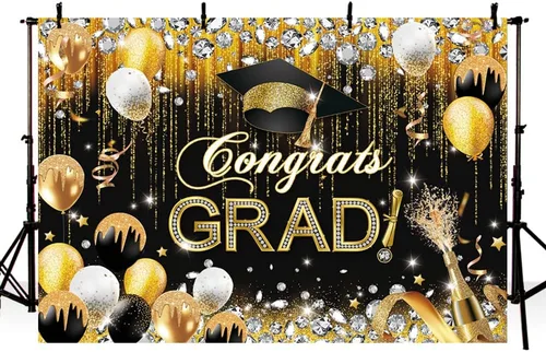 Vista 2 de MEHOFOND Telón de fondo con texto en inglés "Congrats Grad" para la clase de 2025, decoraciones de fiesta de graduación para fotografía