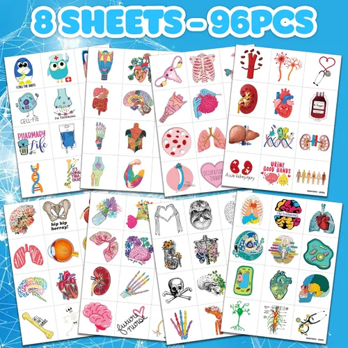 Vista 3 de 96 piezas divertidas de anatomía para niños, recuerdos de fiesta de cumpleaños – tatuajes temporales precortados Cute Human Body Parts, Brain &