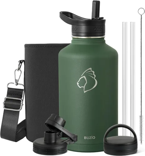 Vista 17 de BUZIO Botella de agua de 32 onzas aislada con popote y 3 tapas y bolsa de transporte, a prueba de fugas, frasco jarra de agua de acero inoxidable