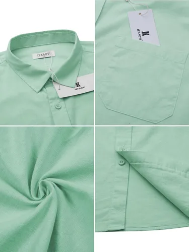 Vista 4 de Camisas de lino con botones para hombre, estilo casual, manga larga, ajuste regular, de algodón, con bolsillo