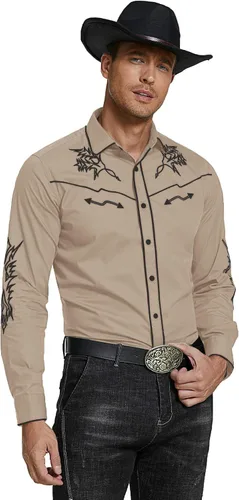 Vista 4 de COOFANDY Camisa vaquera occidental para hombre, camisa bordada de manga larga, ajustada, de algodón, casual, con botones