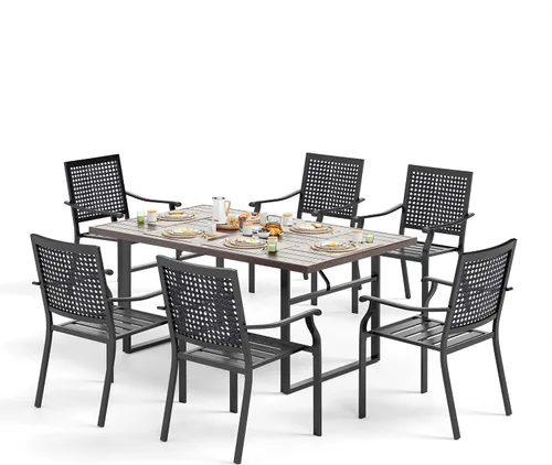 Vista 12 de SUNSHINE VALLEY Juego de 7 sillas de comedor para patio, material metálico, 6 sillas de comedor de color teca rectangular con agujero para sombrilla