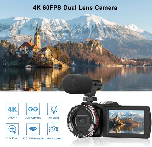 Vista 2 de Cámara de Video, Videocámara 4K, Cámara de 64MP 30FPS de Doble Lente con Micrófono Inalámbrico para Vlogging YouTube, Pantalla Ultra HD de 3