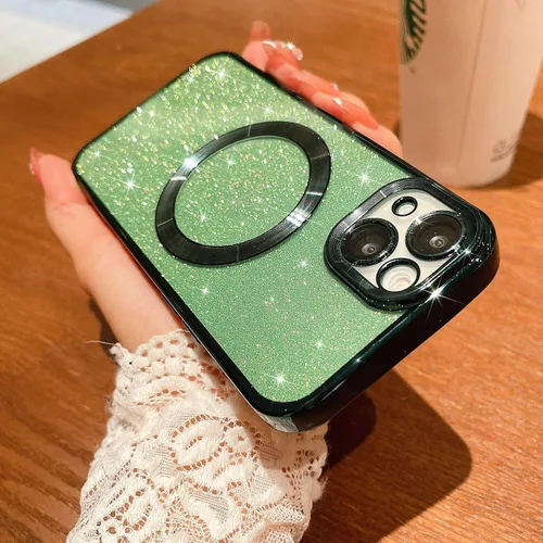 Vista 5 de Compatible con iPhone 13 Funda magnética con purpurina, bonita funda transparente chapada de lujo, compatible con MagSafe para mujeres y niñas