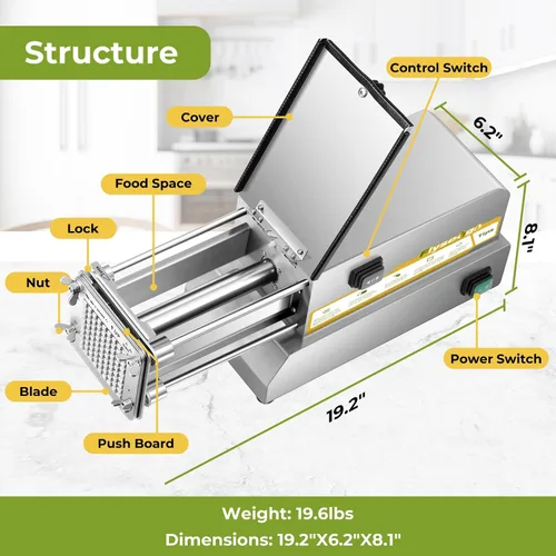 Vista 8 de Cortador de patatas fritas eléctrico de acero inoxidable profesional con 4 cuchillas para uso comercial, doméstico y pepinos, zanahorias, batatas