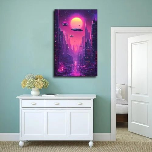 Vista 4 de XAHOR Impresión de ciudad de neón estilo años 80 – Arte de pared retro futurismo para oficina, estudio, dormitorio, lienzo decorativo para pared
