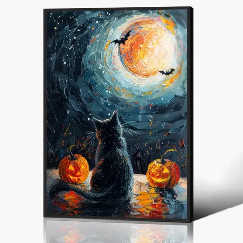 Vista 17 de Póster de fantasma y gato negro en la bañera, arte de pared en lienzo de Halloween de Whimsigoth, pintura de fantasmas y flores, imagen espeluznante