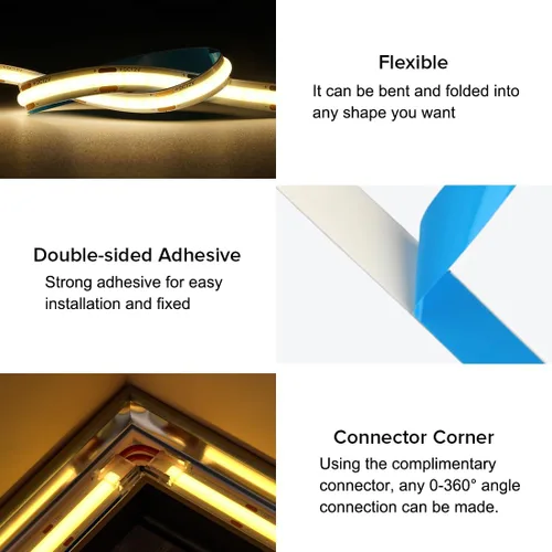Vista 4 de Tira de luz LED COB de 32.8 pies, flexible, de alta densidad, tiras de mazorca, 24 V, blanco cálido, 2700 K, 320 LEDs/m, CRI 90+, regulable, 0.315