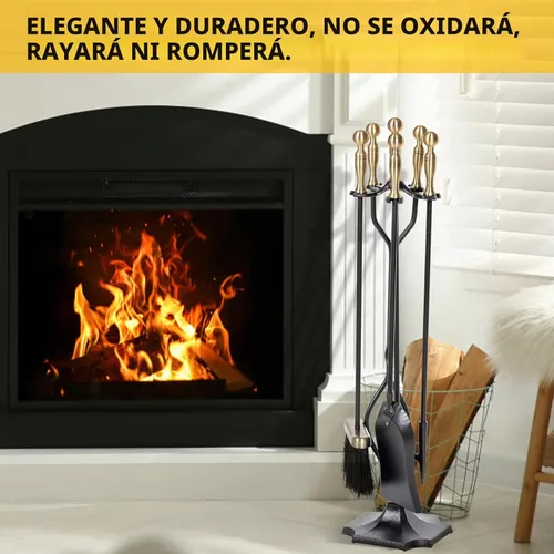 Vista 2 de [Usado] nalone Juego de 5 herramientas para chimenea, asas de latón, accesorios de chimenea de hierro forjado con póquer, pinzas, pala, cepillo