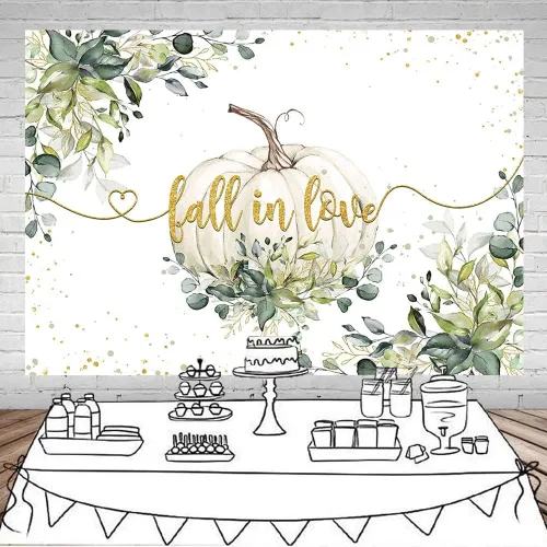 Vista 2 de Mocsicka Fondo de fondo de otoño enamorado, tema de boda, hojas de eucalipto verdes, lunares dorados, calabaza, fondo de vinilo, calabaza