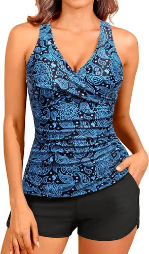 Vista 27 de Trajes de baño tankini para mujer con pantalones cortos de dos piezas con Azul (Blue Tie Dye)