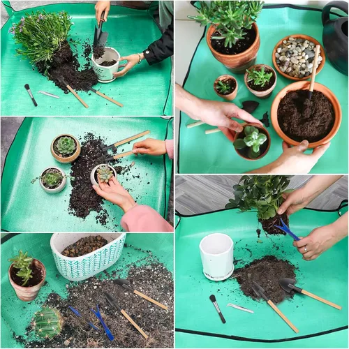 Vista 6 de Tapete de trasplante de plantas para jardín, 2 piezas, impermeable, plegable, para interiores, portátil, cuadrada, bandeja para macetas con 6 piezas