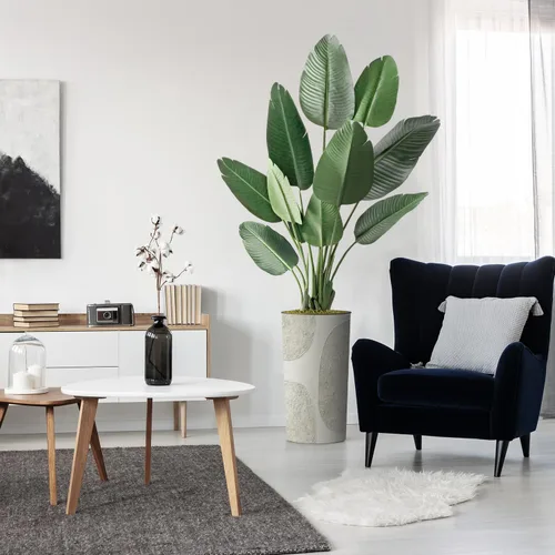 Vista 13 de Árbol artificial en maceta de diseño opcional, palmera tropical areca falsa de seda para decoración del hogar en interiores y exteriores, altura