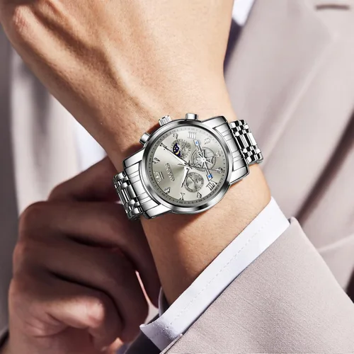 Vista 3 de OLEVS Relojes para hombre de acero inoxidable con cronógrafo, reloj de pulsera grande analógico de cuarzo, relojes de vestir impermeables de moda
