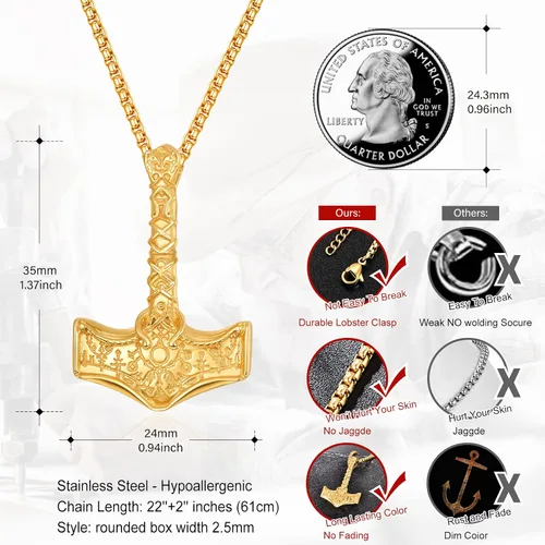 Vista 2 de Thors Hammer Viking Necklace for Men Sterling Silver Norse SilverGoldBlack Thors Hammer Pendant Viking Jewelry for Men Boys Father