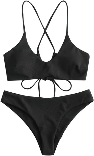 Vista 2 de ZAFUL Conjunto de bikini de dos piezas con cuello redondo para mujer, parte superior cruzada con realce